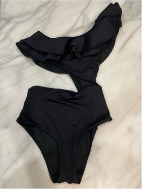 Encantadore Black Ruffle One Shoulder Cutout Monokini Swimsuit Small Glam Resort